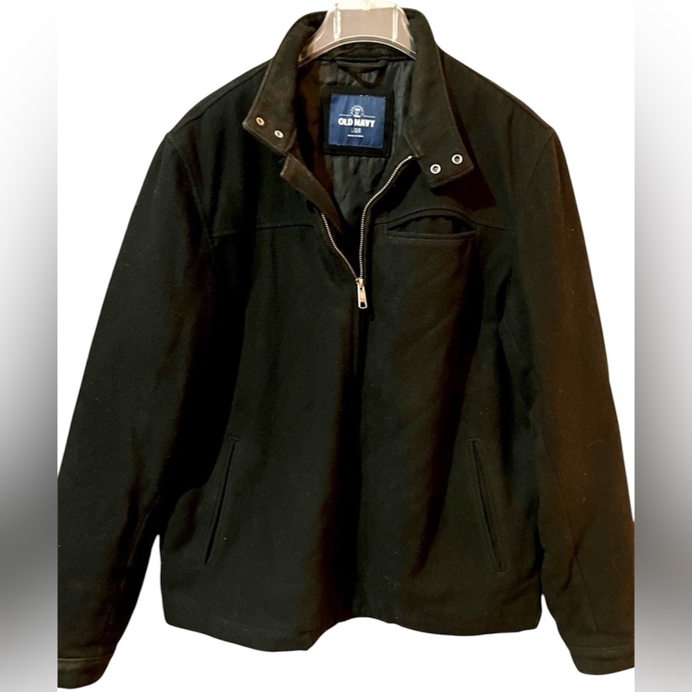 Old Navy Wool Full Zip Up Bomber Jacket Coat, Lined, Collared, Black, Sz Large